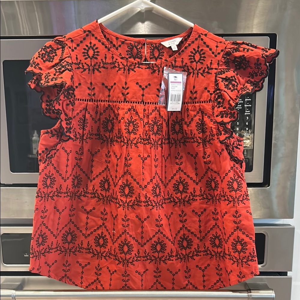 Crown & Ivy Rust Blouse with Black Embroidery
